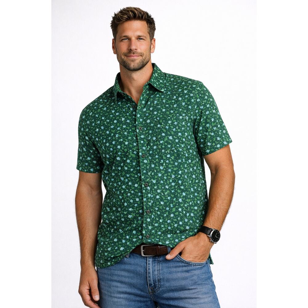 Free Assembly Green Floral‎ Short Sleeve Button Up Shirt Men’s L